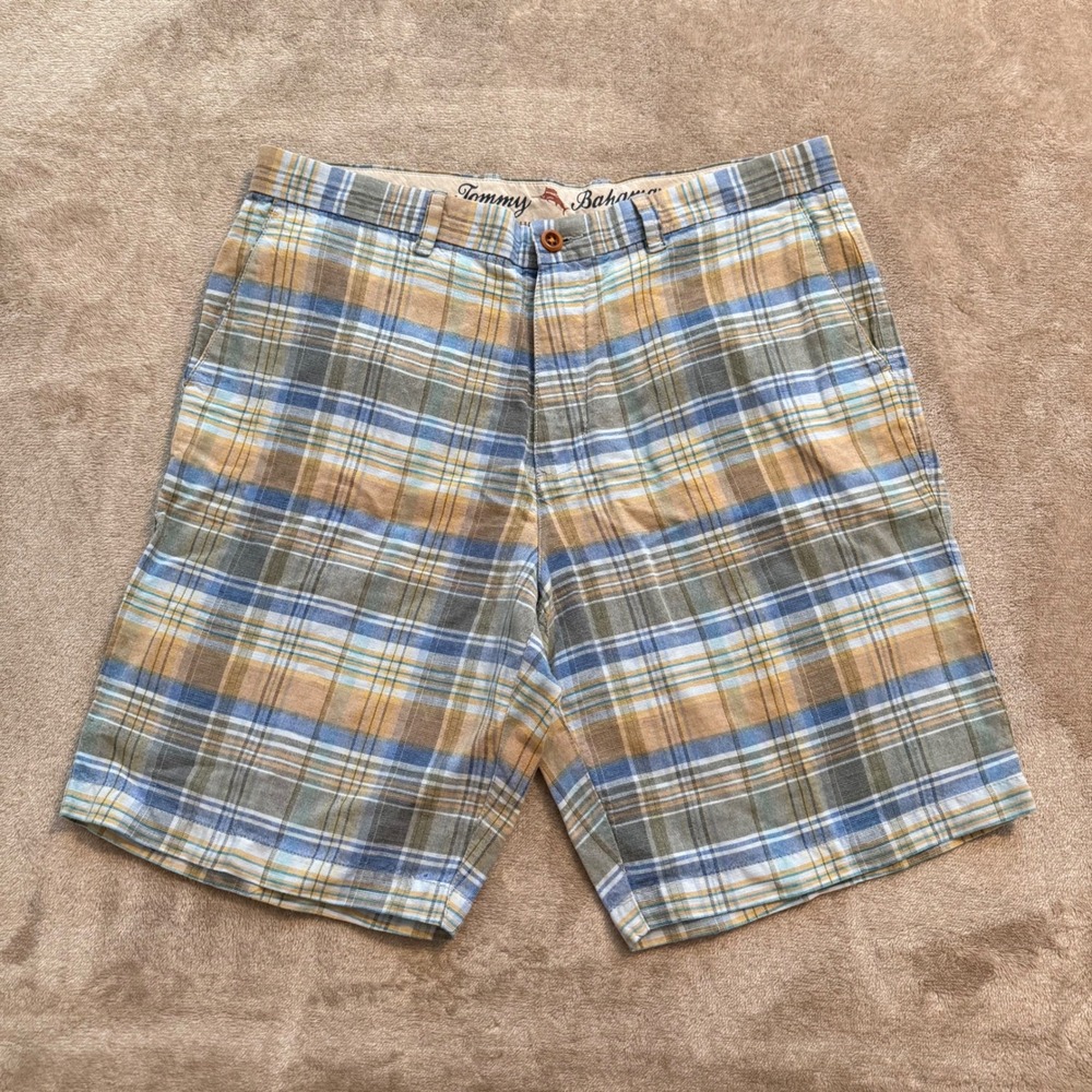 Tommy Bahama Mens Plaid Linen Blend Shorts Size 34 Blue Tan Green Casual Summer